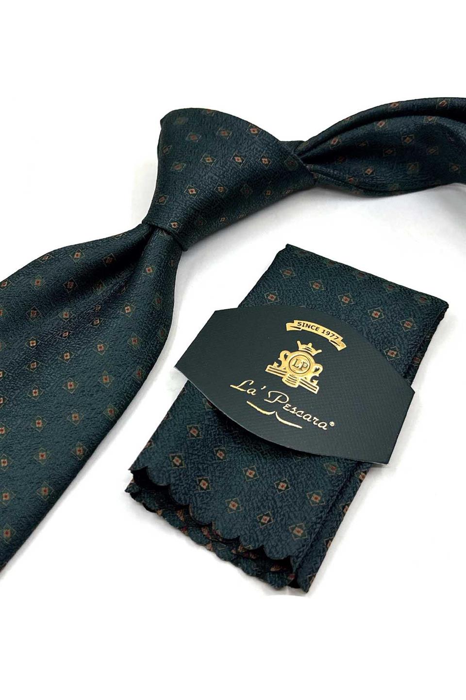 Yeşil Küçük Desen Mendilli Klasik Kravat KK13516