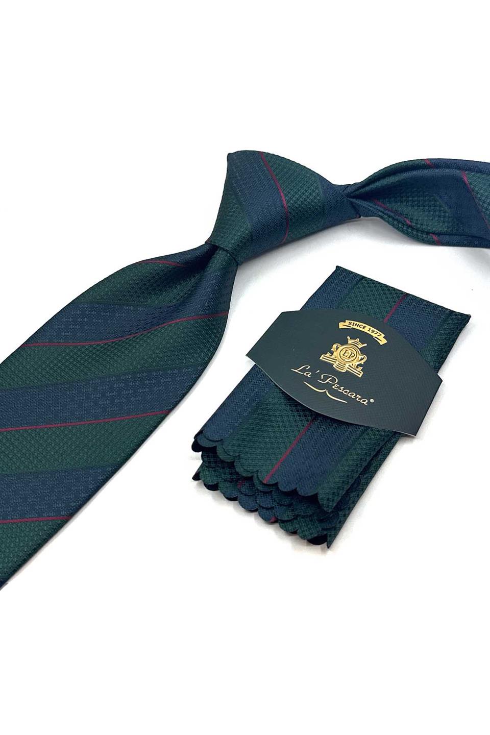 Lacivert - Kahve Çizgi Desen Mendilli Klasik Kravat KK13152