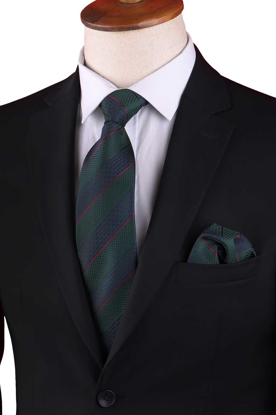 Lacivert - Kahve Çizgi Desen Mendilli Klasik Kravat KK13152