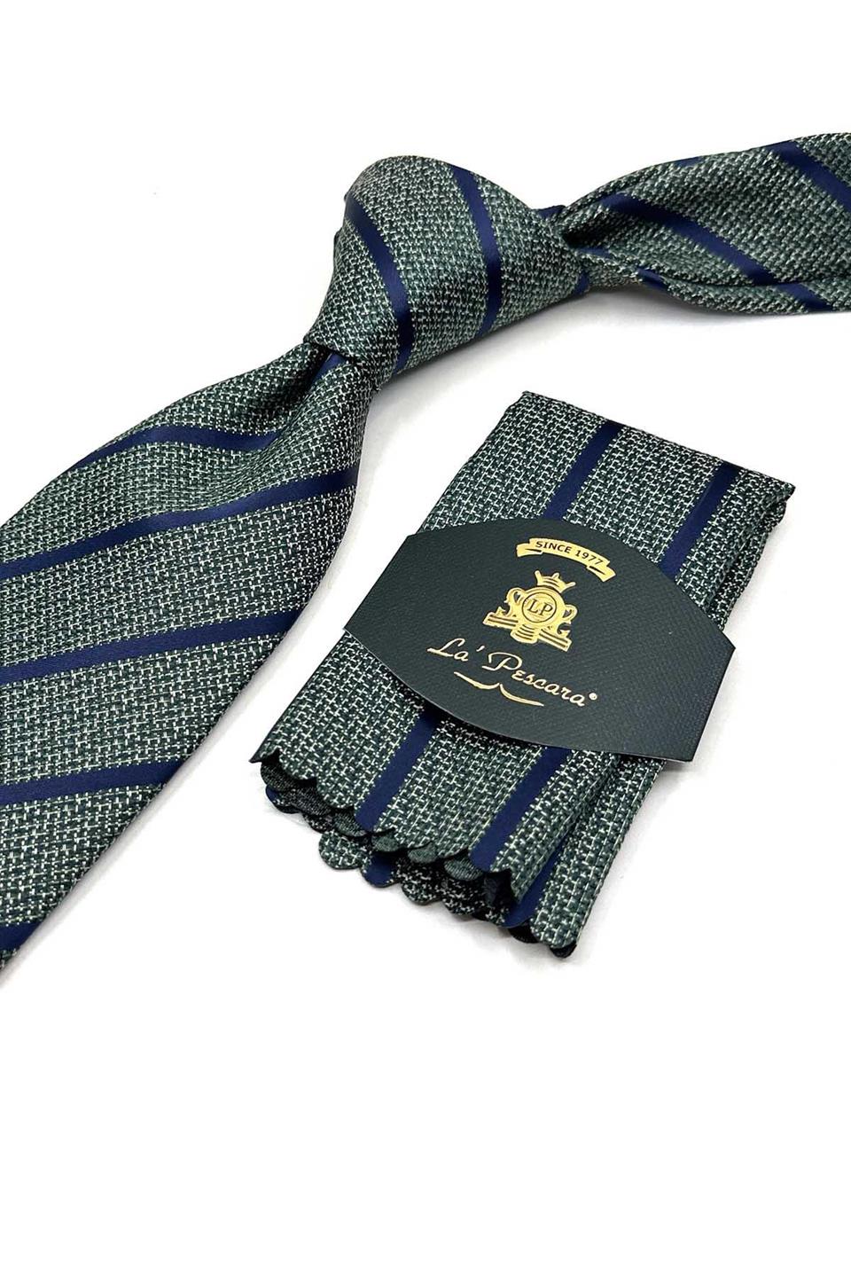 Yeşil - Lacivert Çizgi Desen Mendilli Klasik Kravat KK13501
