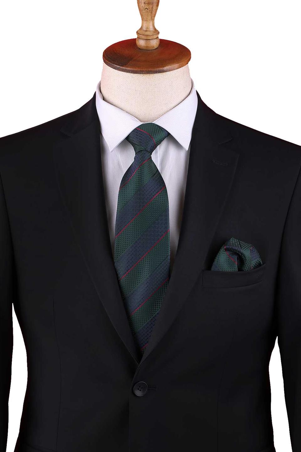 Lacivert - Kahve Çizgi Desen Mendilli Klasik Kravat KK13152