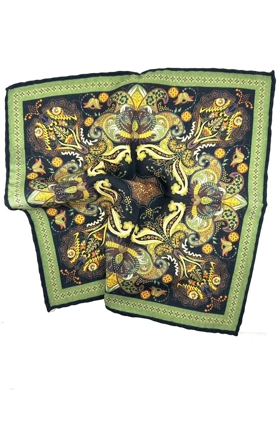 Yeşil - Lacivert El Dikişi İtalyan Yün Cep Mendili WL01