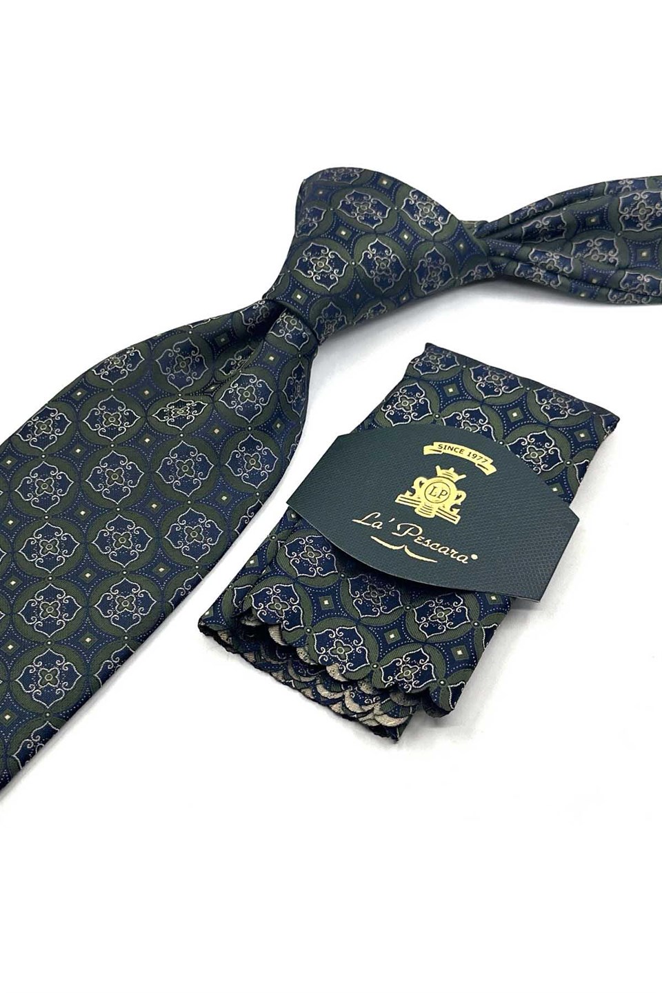 Yeşil Lacivert Motif Desen Mendilli Klasik Kravat KK13762