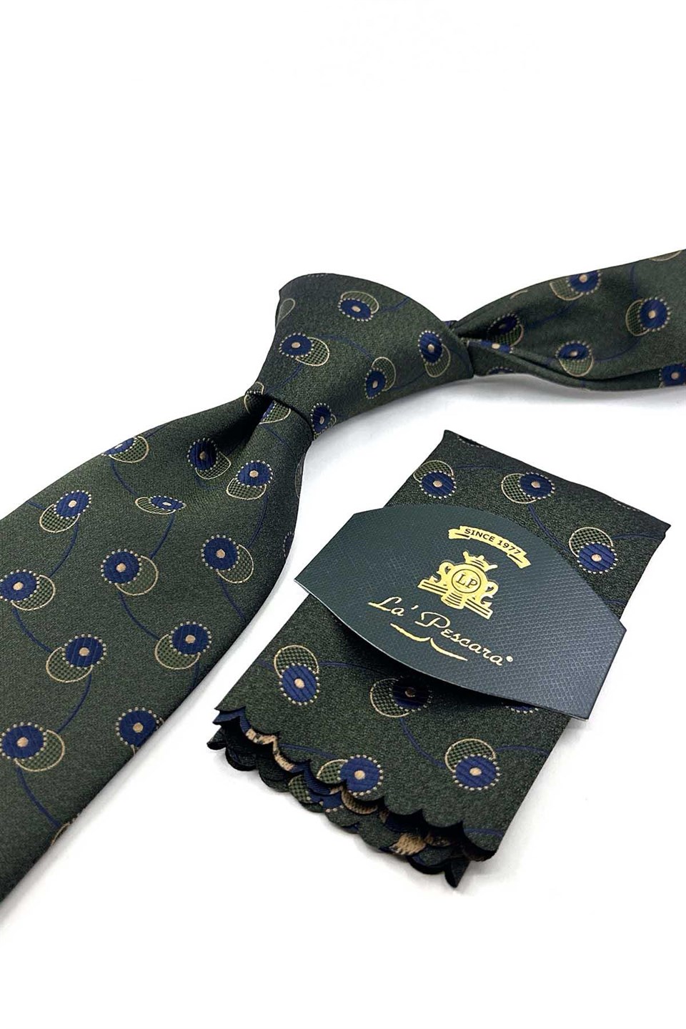 Yeşil Lacivert Motif Desen Mendilli Klasik Kravat KK13980
