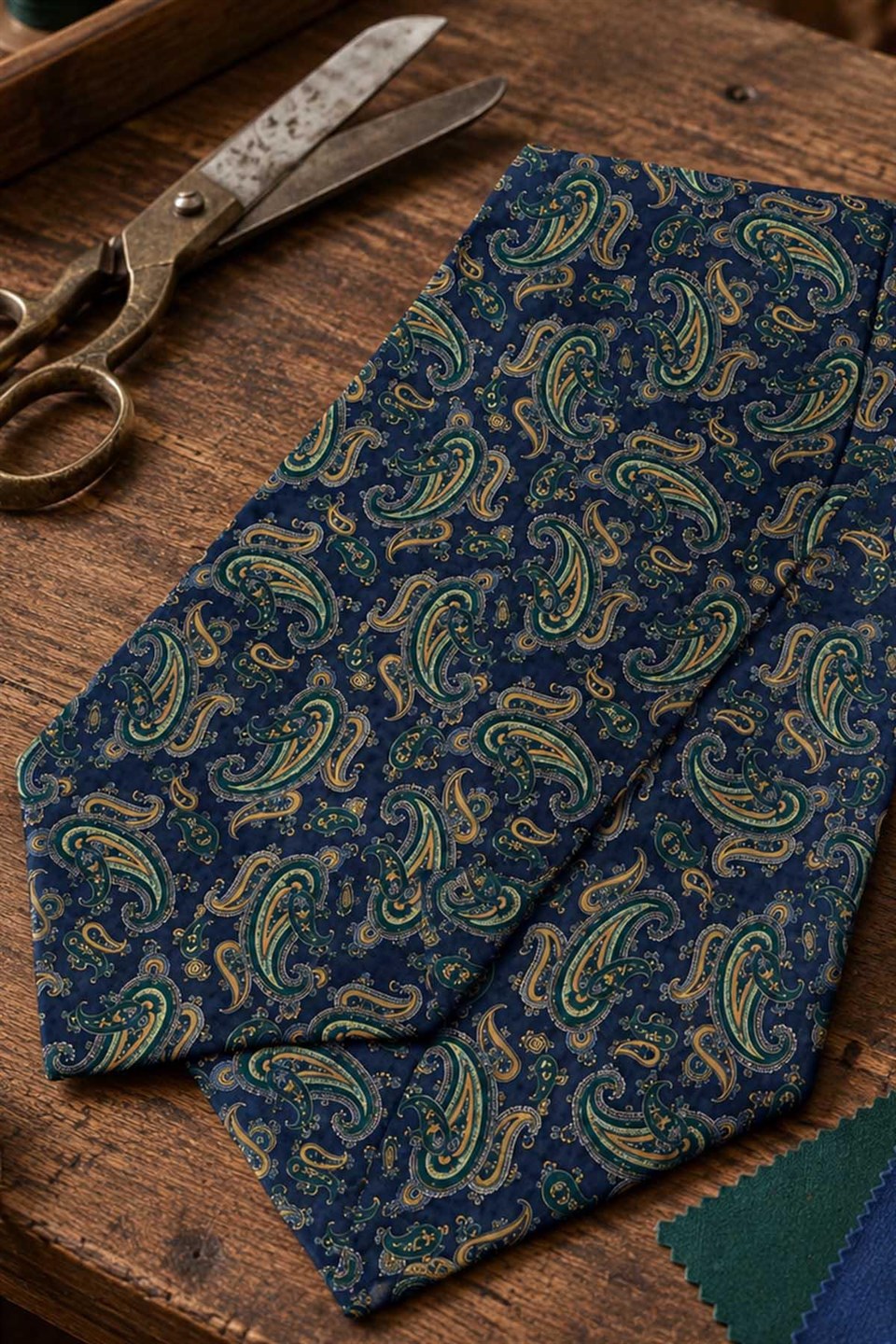 Yeşil Lacivert Şal Desen İtalyan İpek Ascot Kravat SAC66
