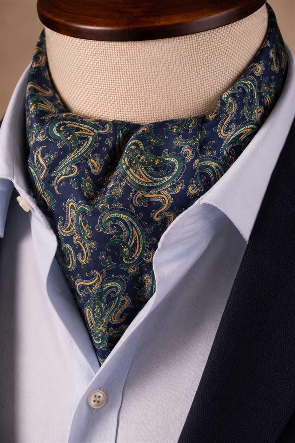 Yeşil Lacivert Şal Desen İtalyan İpek Ascot Kravat SAC66