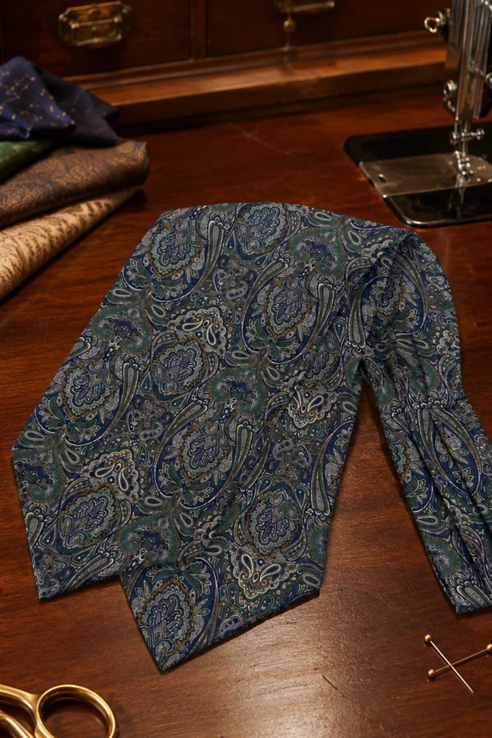 Yeşil Lacivert Şal Desen İtalyan İpek Ascot Kravat SAC149