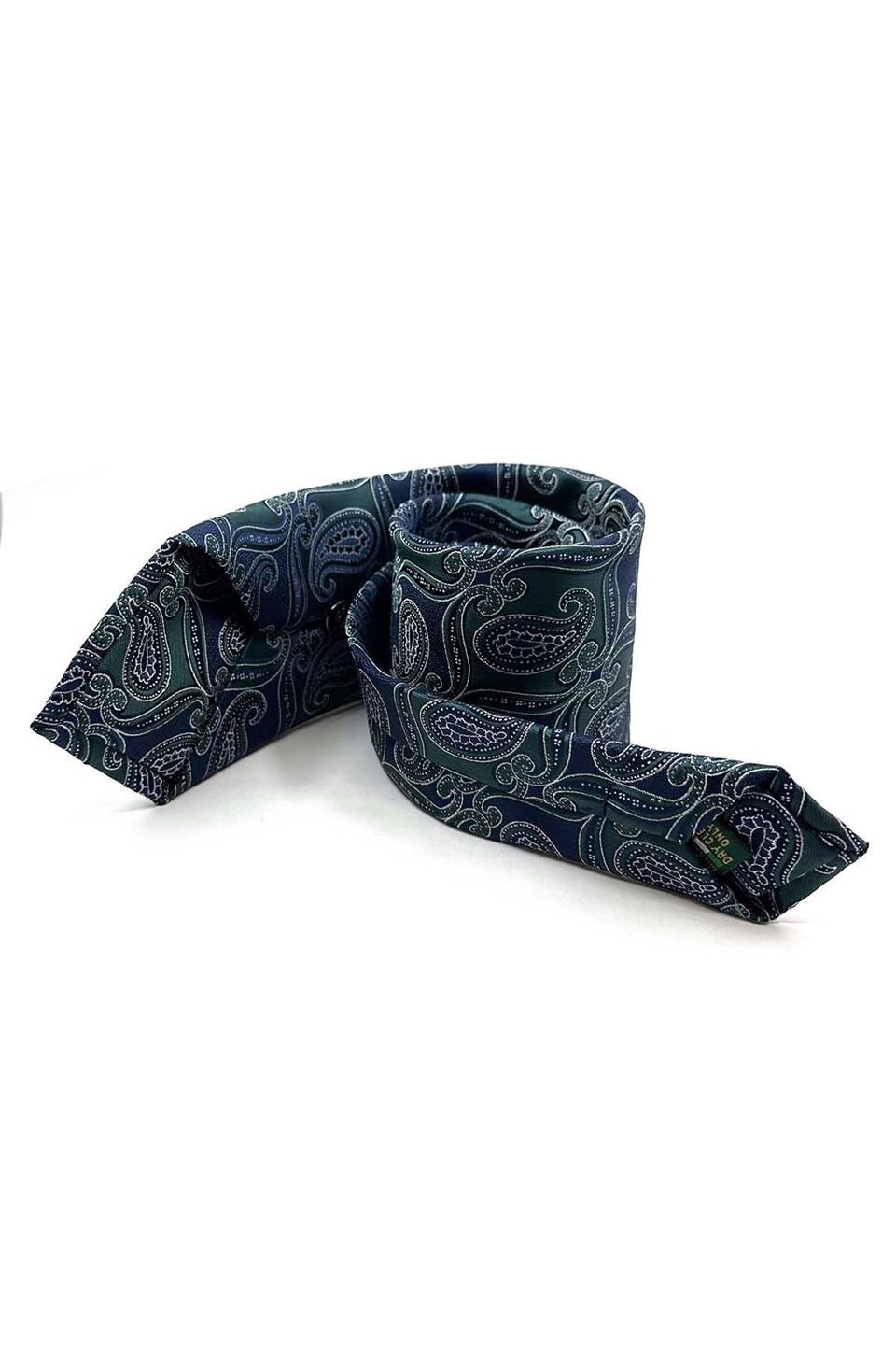 Yeşil - Lacivert Şal Desen Mendilli Klasik Kravat KK12888