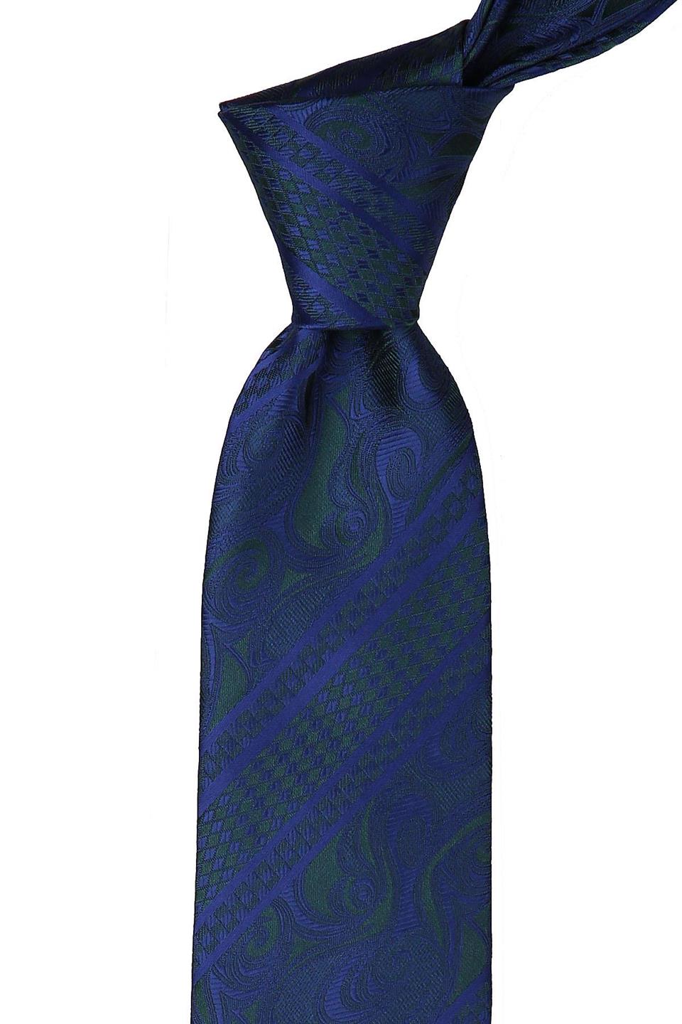Yeşil - Lacivert Şal Desen Mendilli Klasik Kravat KK9503