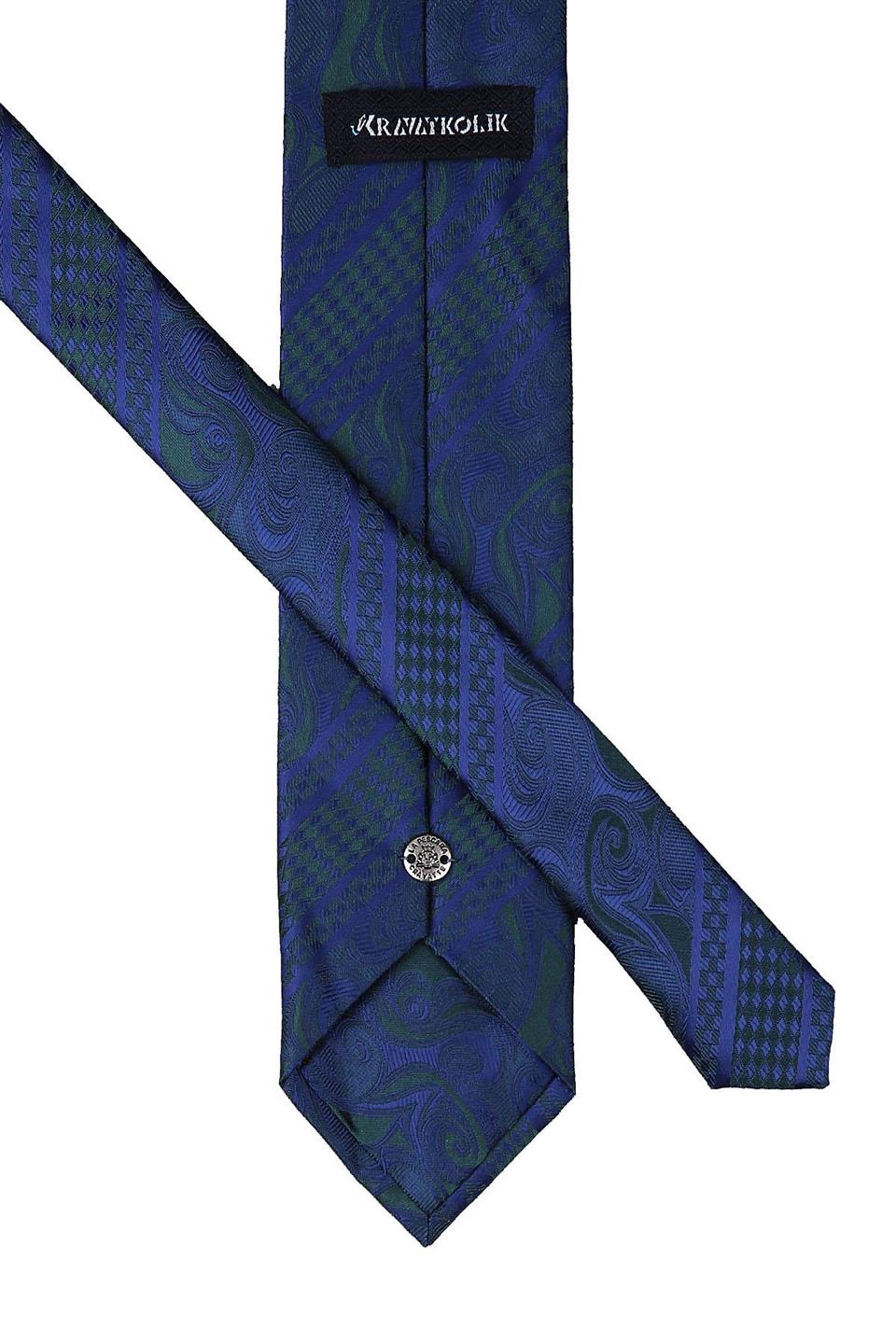 Yeşil - Lacivert Şal Desen Mendilli Klasik Kravat KK9503