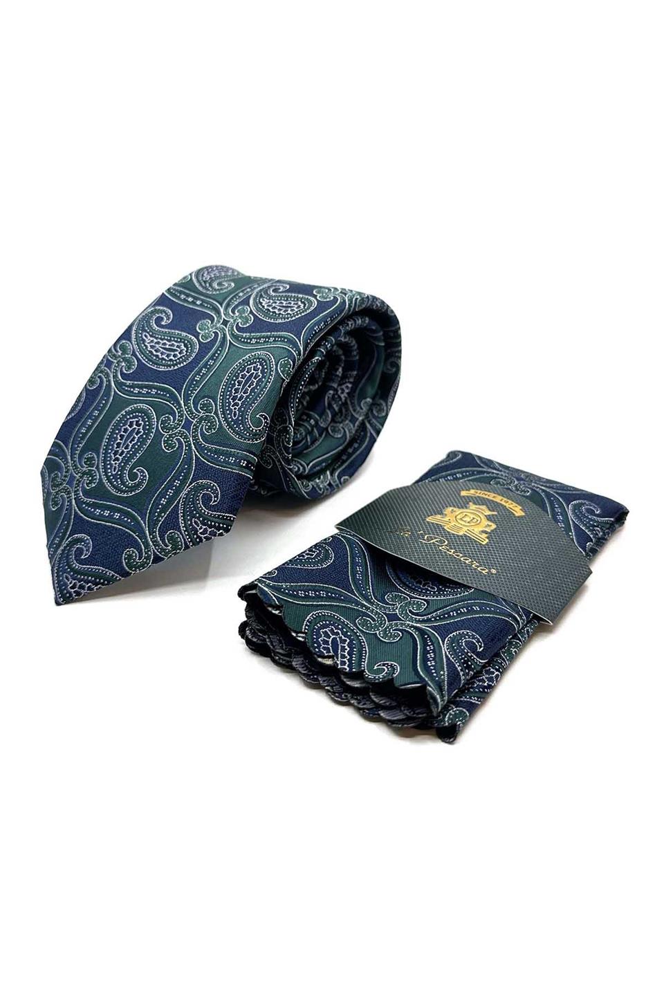 Yeşil - Lacivert Şal Desen Mendilli Klasik Kravat KK12888