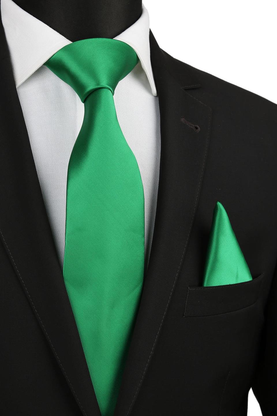 Yeşil Mendilli Düz Saten Kravat KK1130