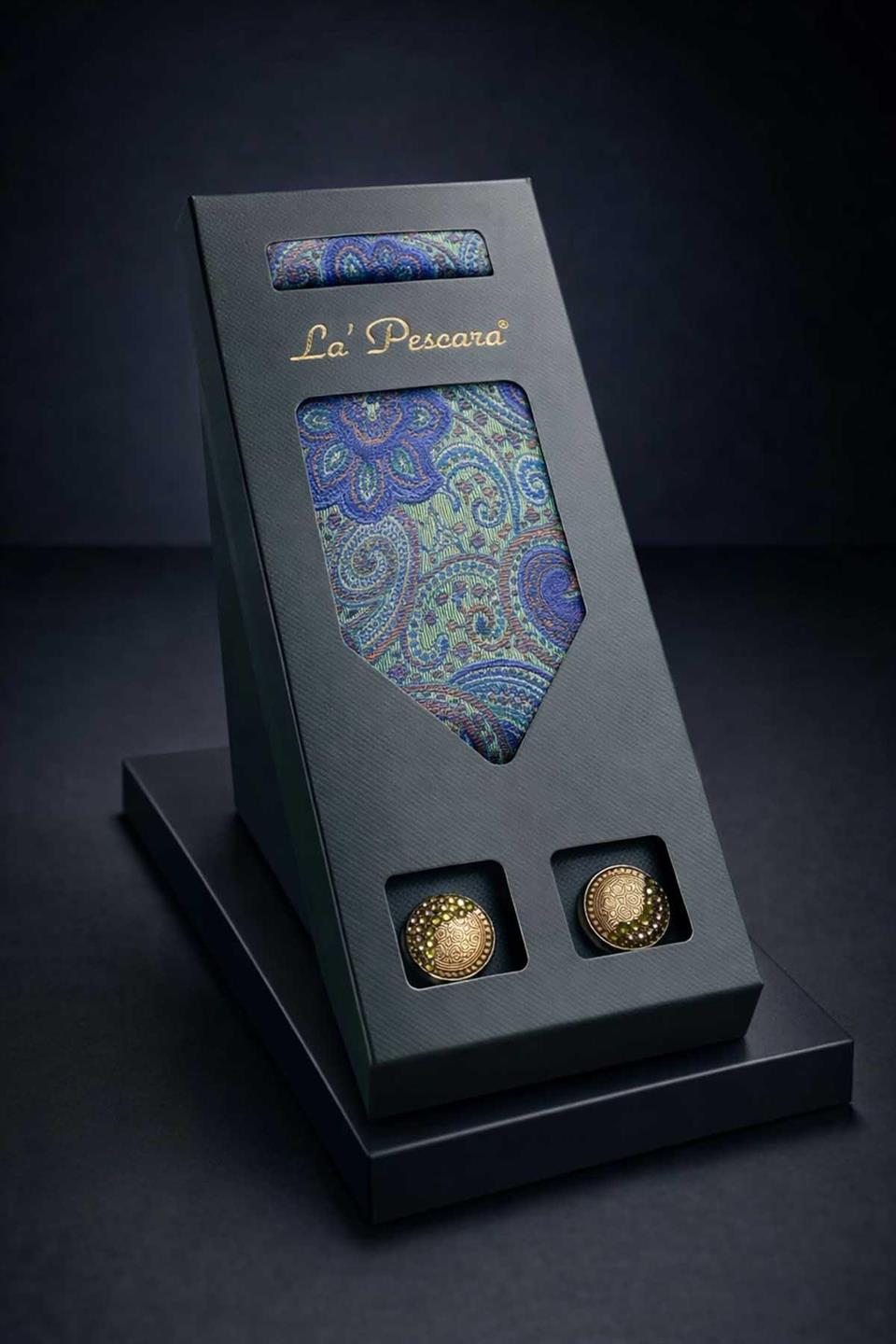 Yeşil Mendilli Klasik Kravat Kol Düğmesi Erkek Hediye Seti OS600