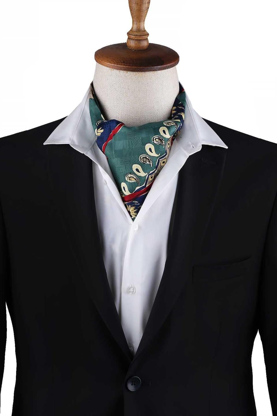 Yeşil Motif Desen Erkek Ascot Fular K642