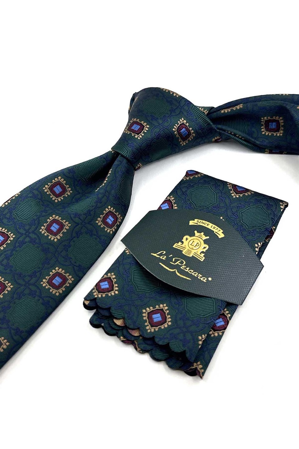 Yeşil Motif Desen Mendilli Klasik Kravat KK13915