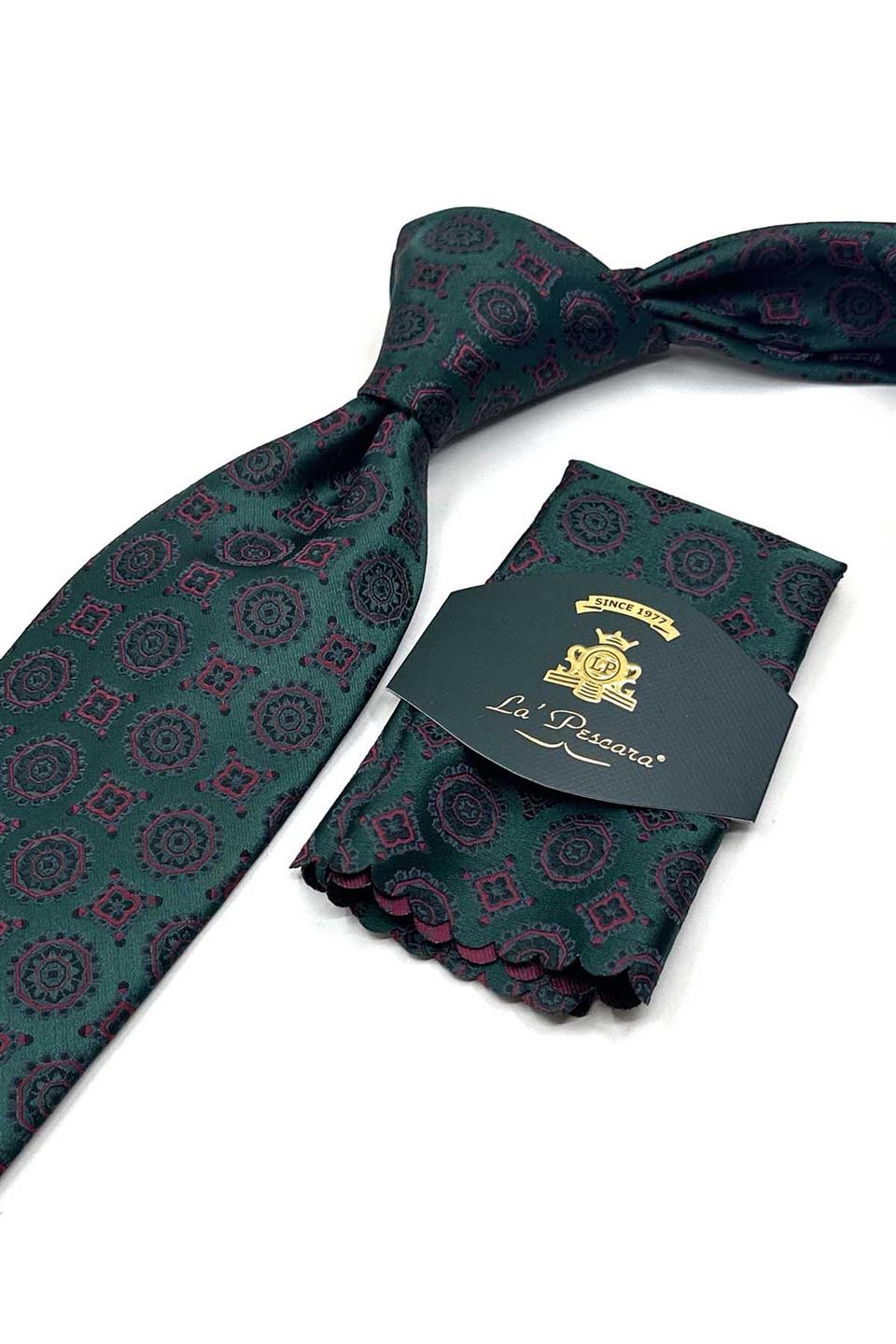 Yeşil Motif Desen Mendilli Klasik Kravat KK13575