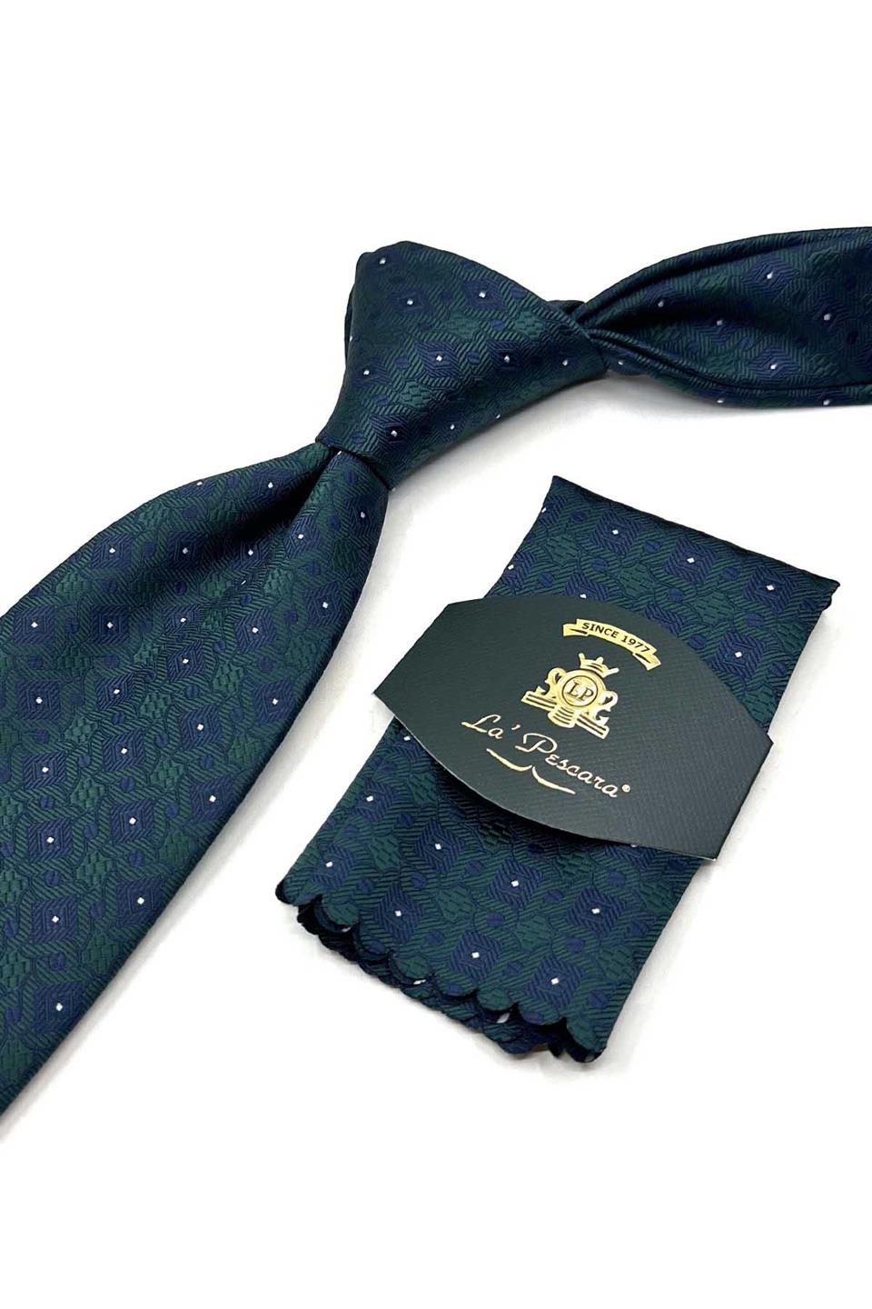 Yeşil Motif Desen Mendilli Klasik Kravat KK13443