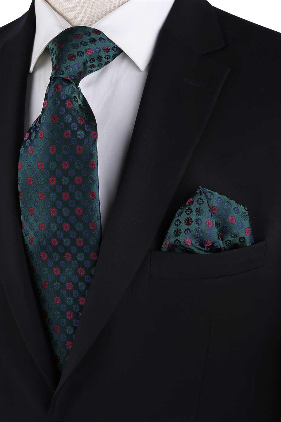 Yeşil Motif Desen Mendilli Klasik Kravat KK13186
