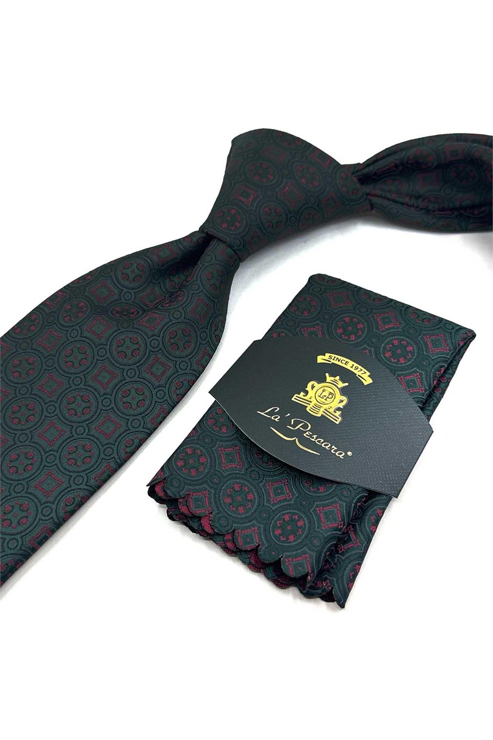 Yeşil Motif Desen Mendilli Klasik Kravat KK13997