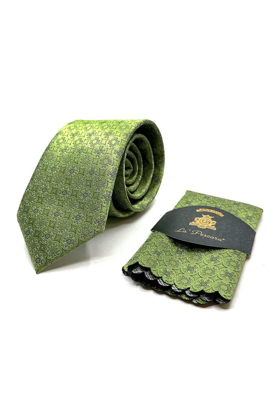 Yeşil Motif Desen Mendilli Klasik Kravat KK12842