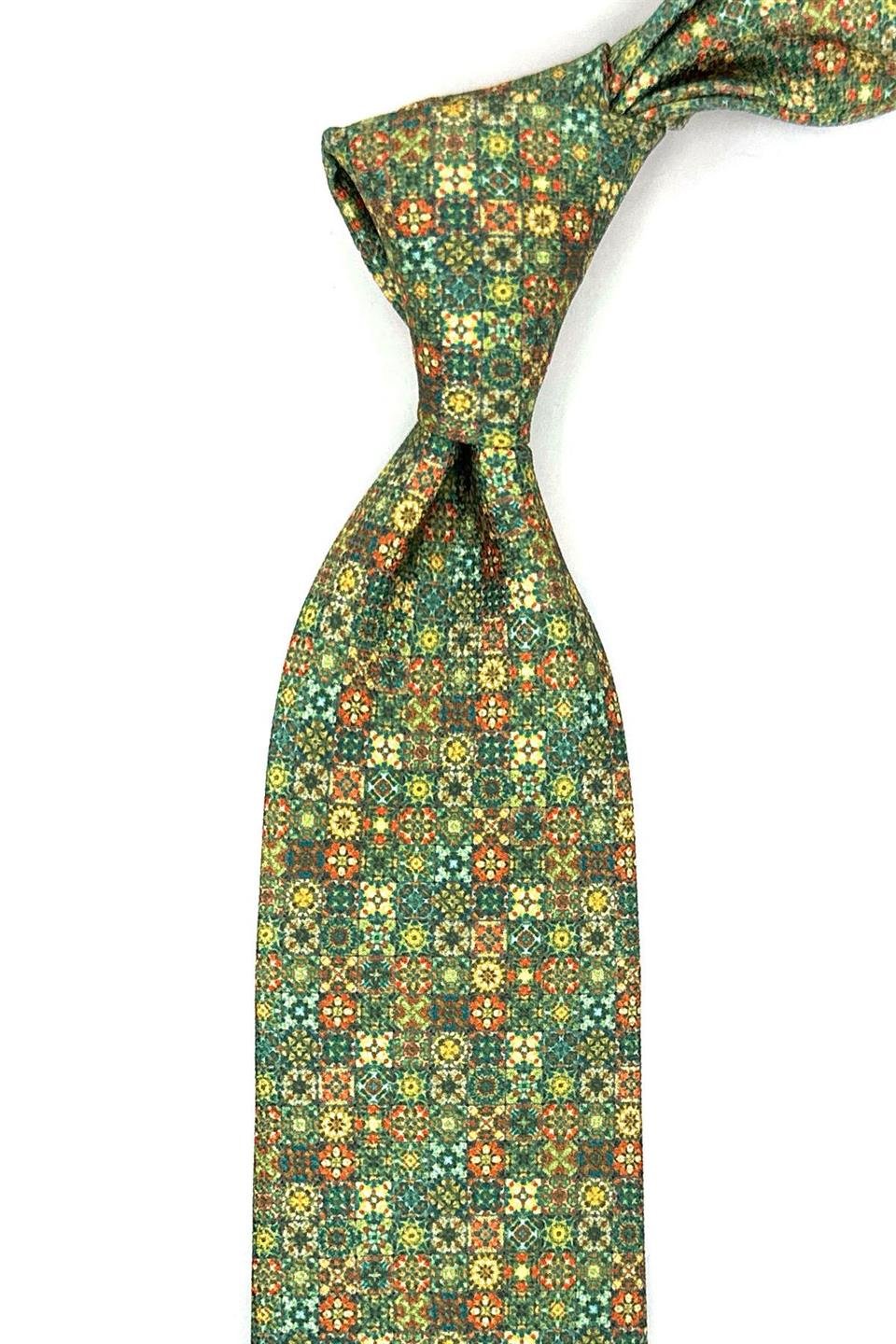 Yeşil Motif Desen Mendilli Klasik Kravat KK11950