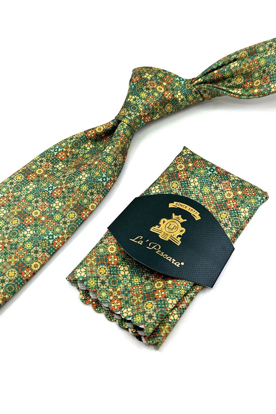 Yeşil Motif Desen Mendilli Klasik Kravat KK11950