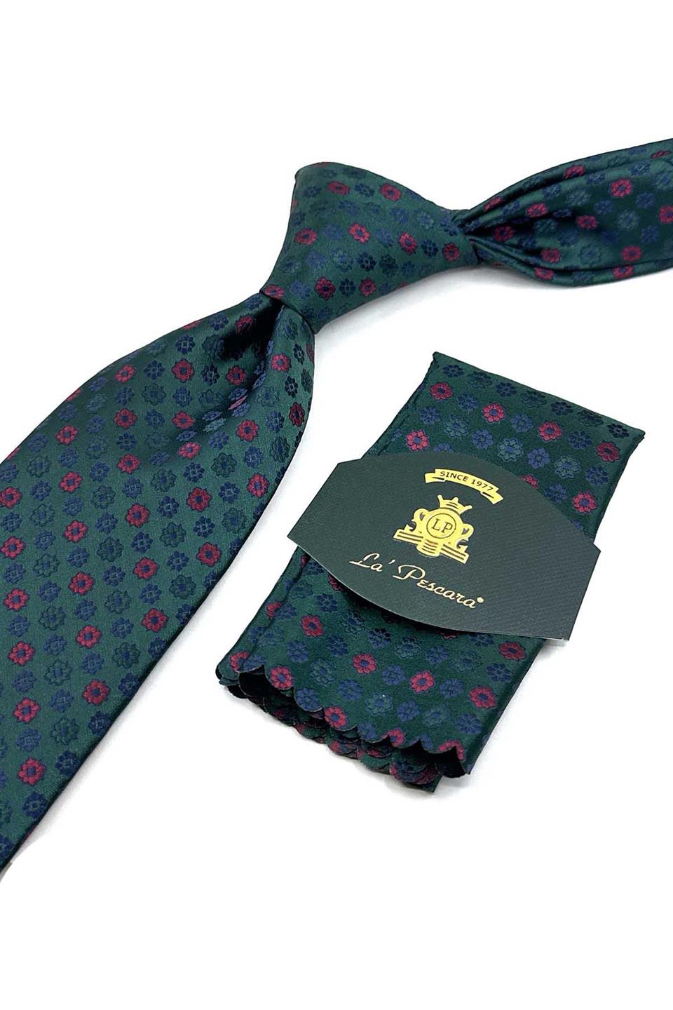 Yeşil Motif Desen Mendilli Klasik Kravat KK13186