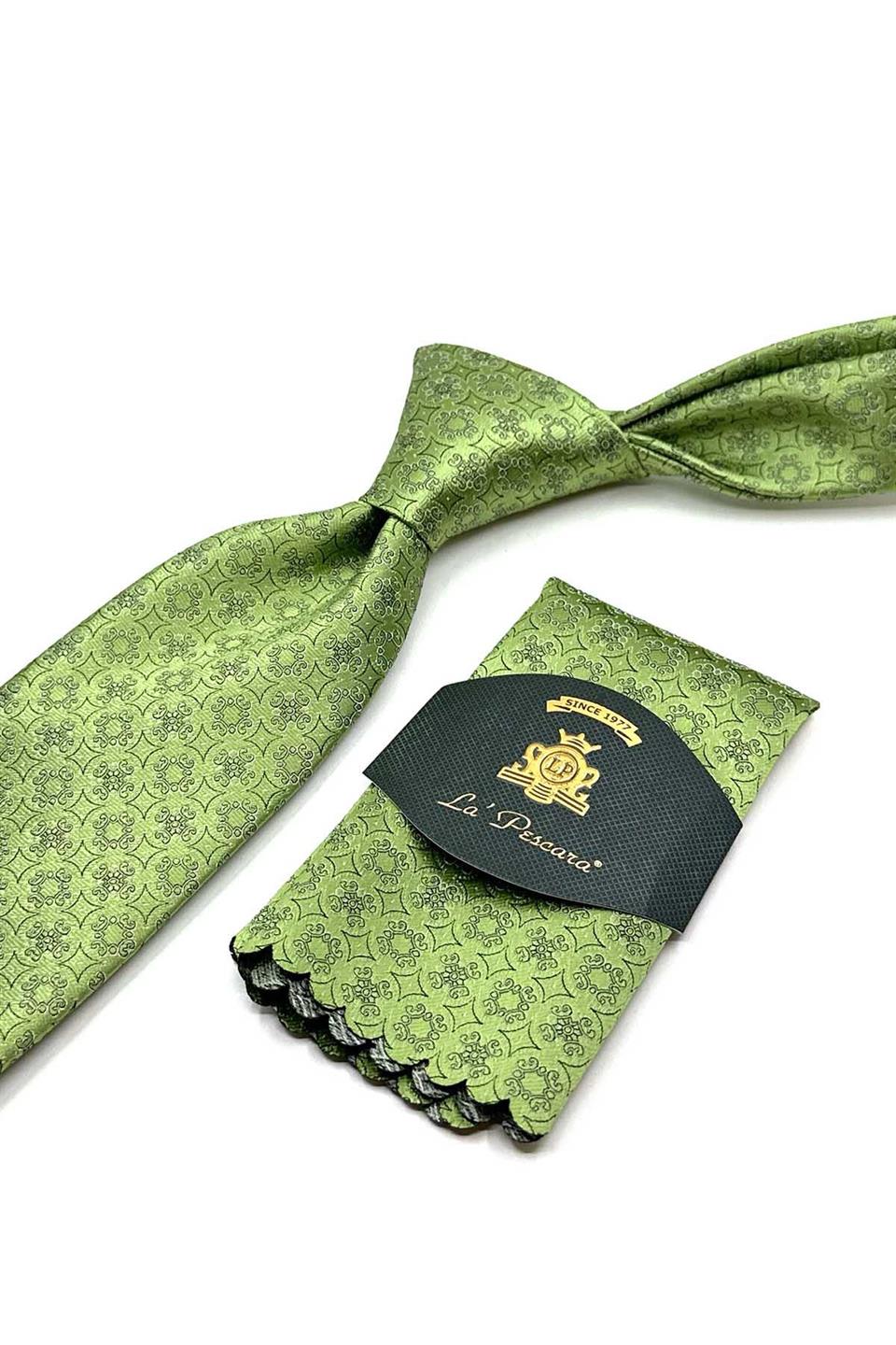 Yeşil Motif Desen Mendilli Klasik Kravat KK12842