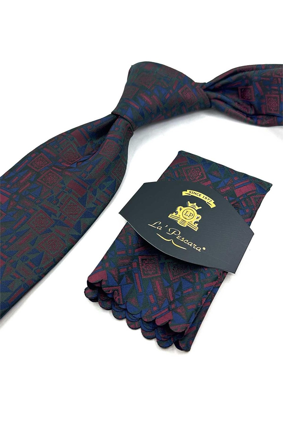 Yeşil Motif Desen Mendilli Klasik Kravat KK14038