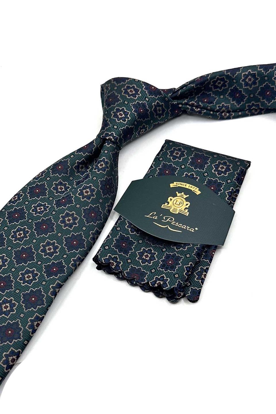 Yeşil Motif Desen Mendilli Klasik Kravat KK13566