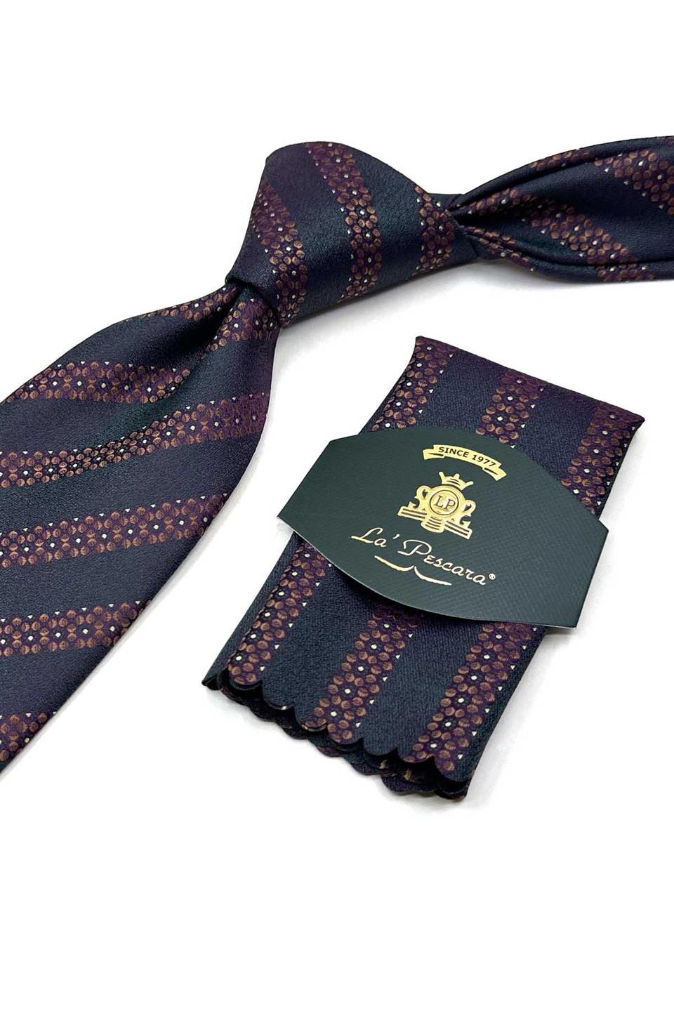 Yeşil - Mürdüm Çizgi Desen Mendilli Klasik Kravat KK13461