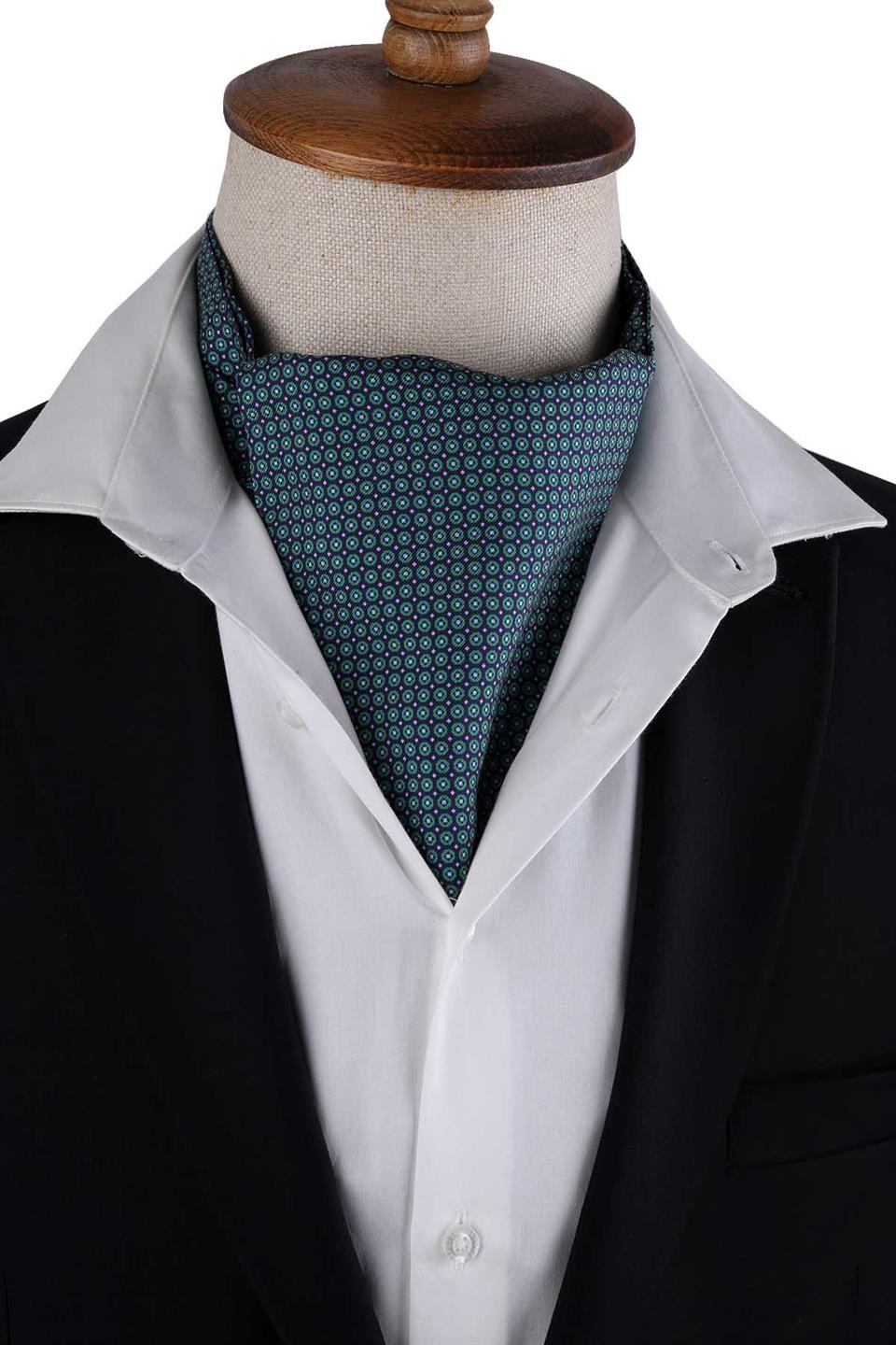 Yeşil - Mürdüm Puantiye Desen İtalyan İpek Ascot Fular K649