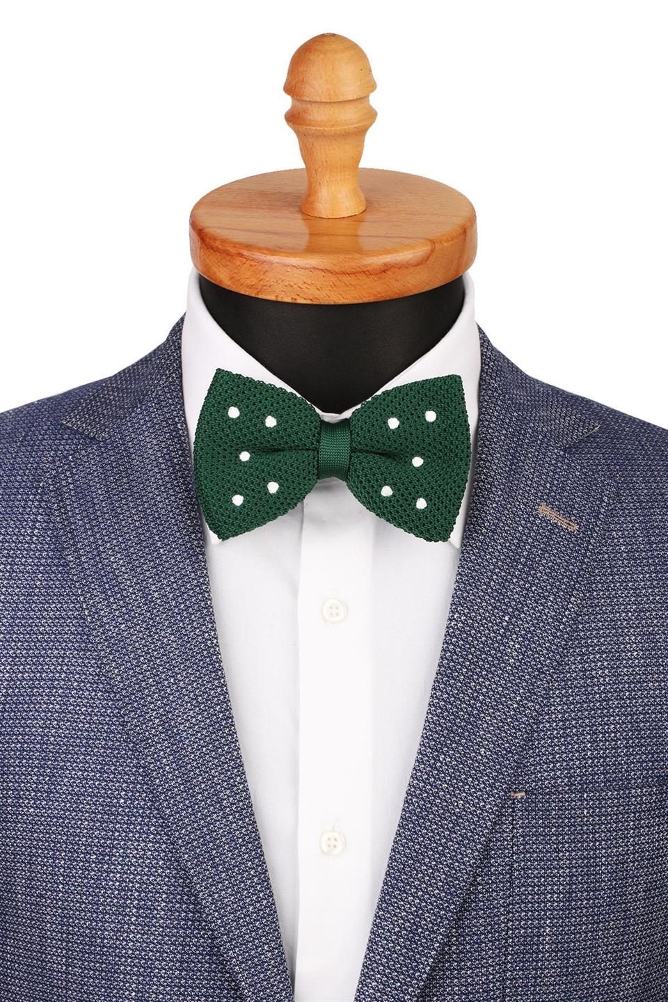 Yeşil Puantiye Desen Örgü Papyon ÖR127