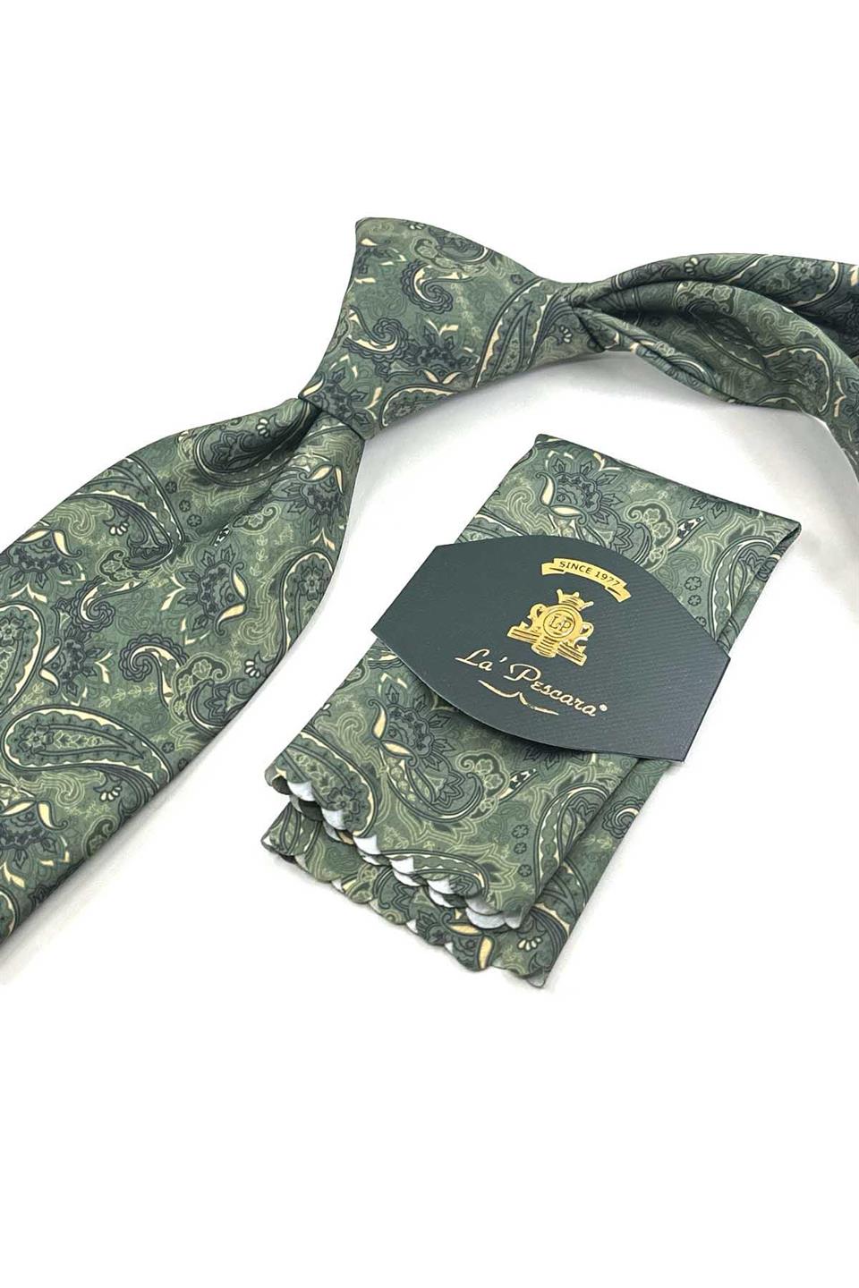 Yeşil Şal Desen Baskılı Mendilli Klasik Kravat KK13344