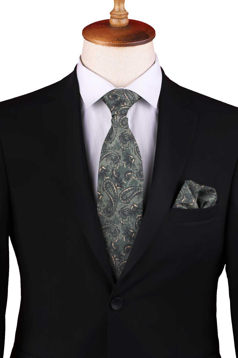 Yeşil Şal Desen Baskılı Mendilli Klasik Kravat KK13344