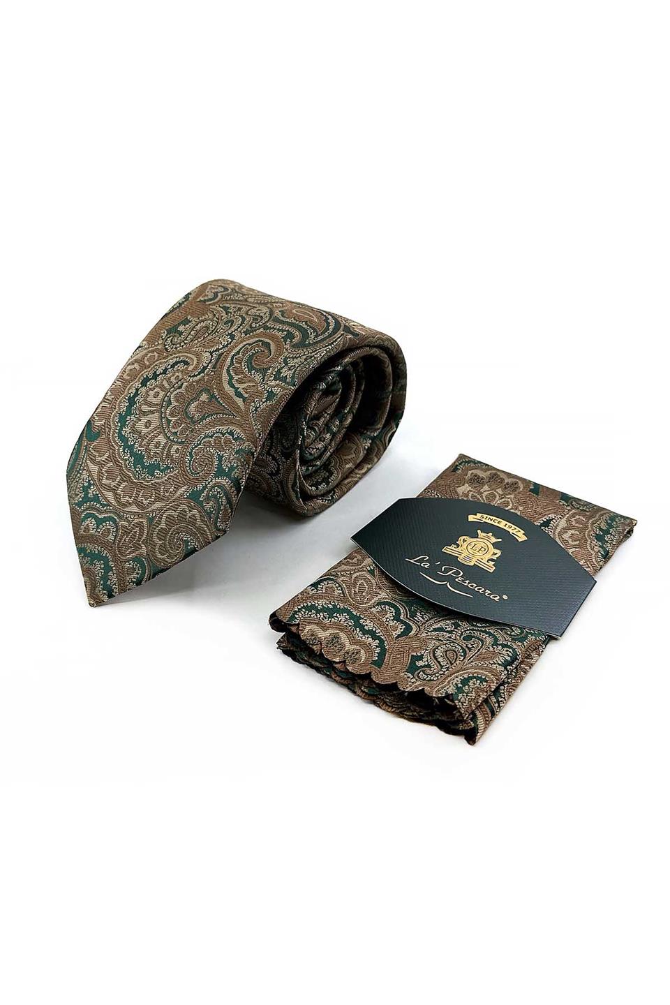 Yeşil Şal Desen Mendilli Klasik Kravat KK13120