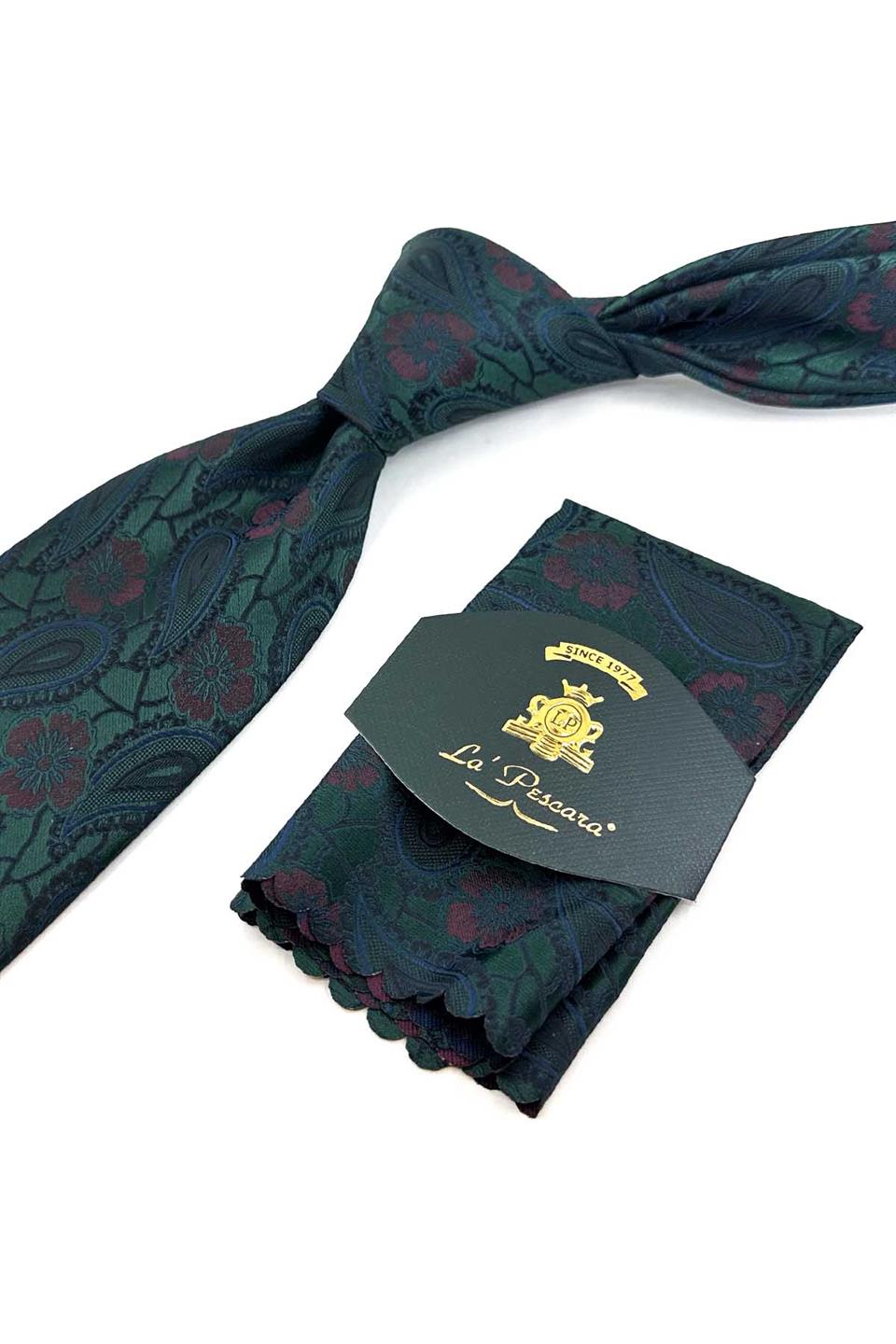 Yeşil Şal Desen Mendilli Klasik Kravat KK13126