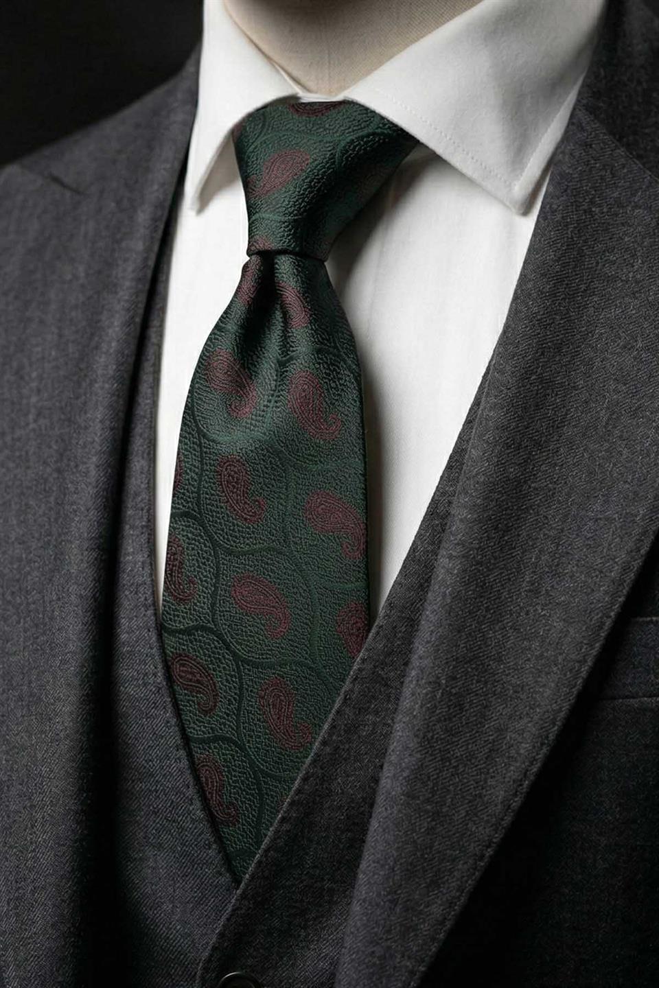 Yeşil Şal Desen Mendilli Klasik Kravat KK13126