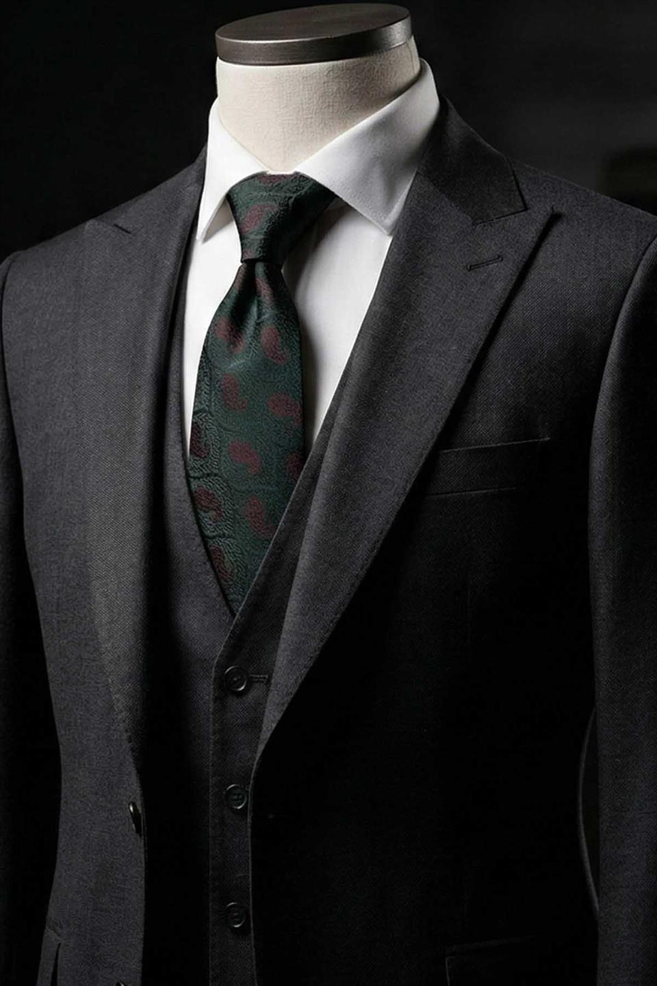 Yeşil Şal Desen Mendilli Klasik Kravat KK13126