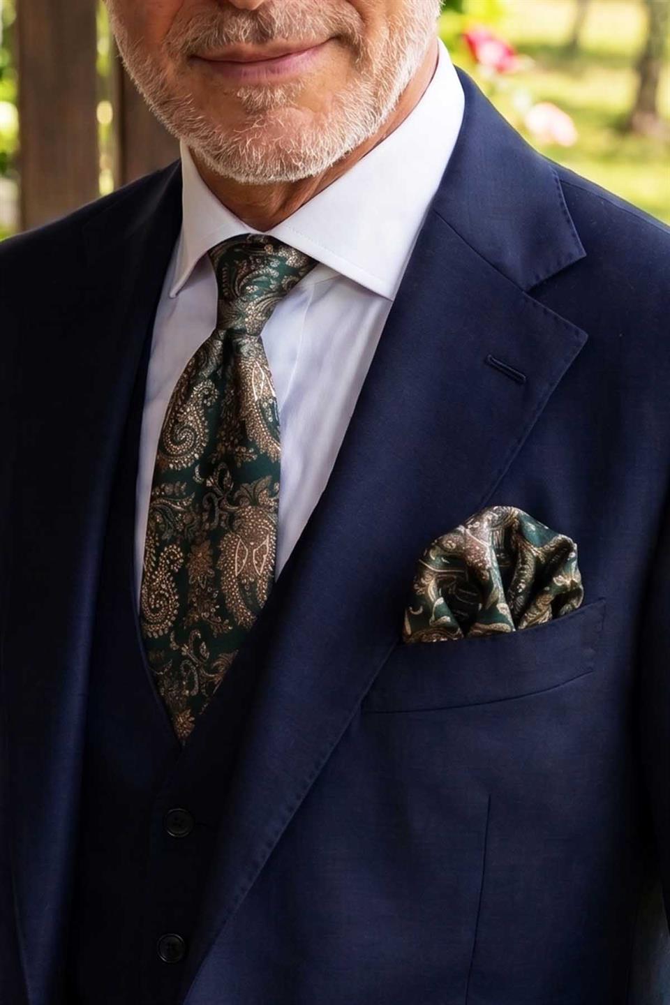 Yeşil Şal Desen Mendilli Klasik Kravat KK13120