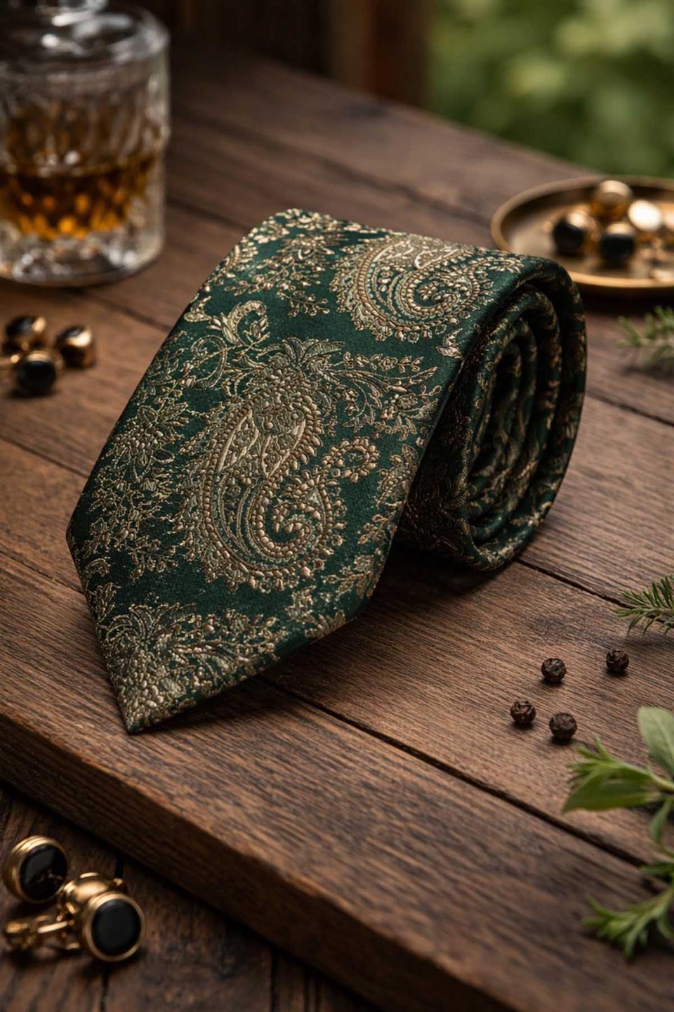 Yeşil Şal Desen Mendilli Klasik Kravat KK13120