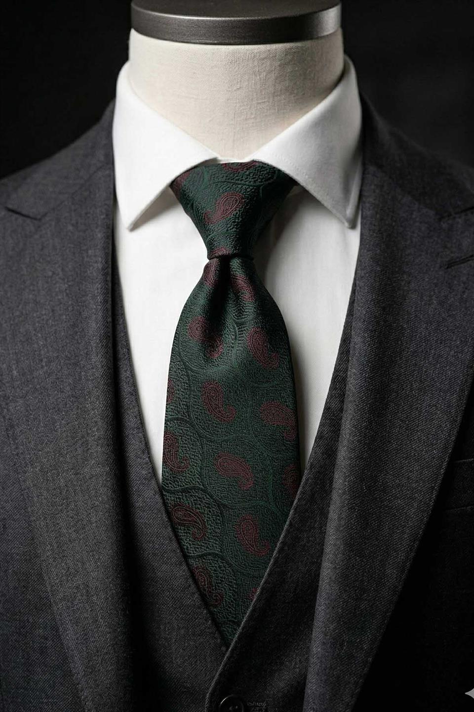 Yeşil Şal Desen Mendilli Klasik Kravat KK13126