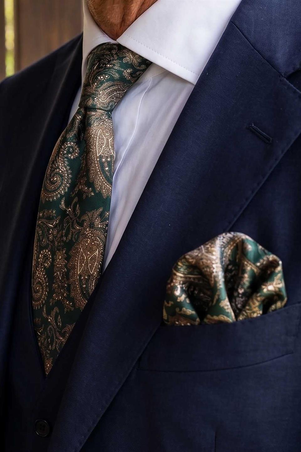 Yeşil Şal Desen Mendilli Klasik Kravat KK13120