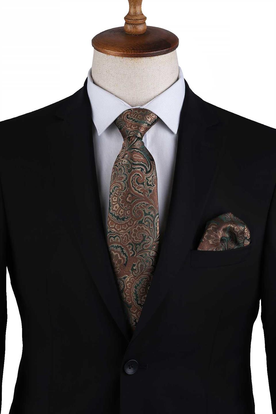 Yeşil Şal Desen Mendilli Klasik Kravat KK13120