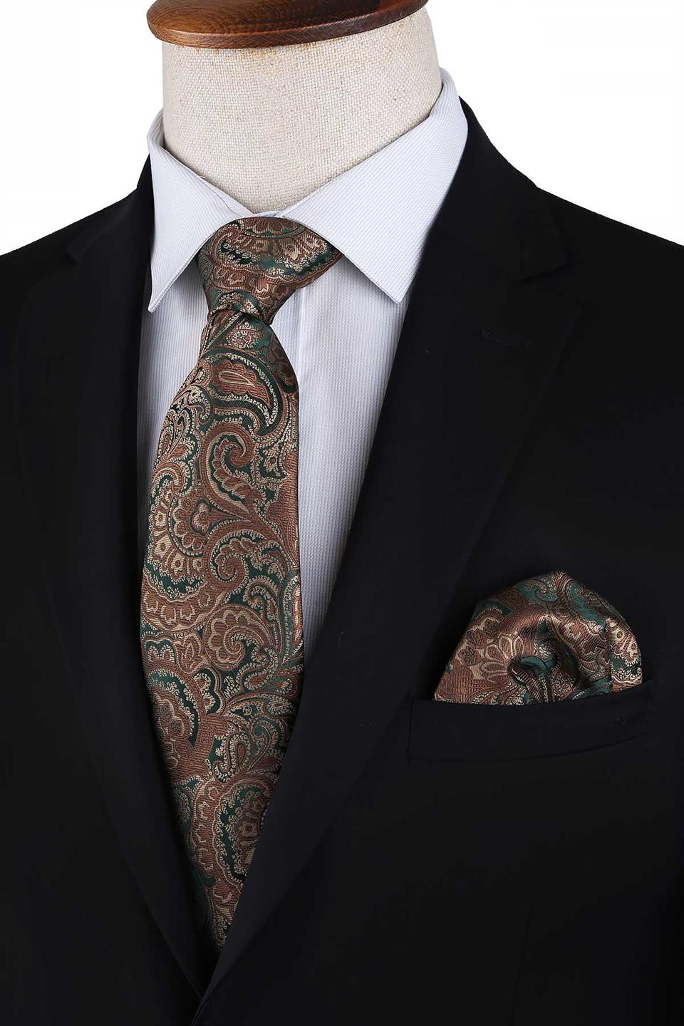 Yeşil Şal Desen Mendilli Klasik Kravat KK13120