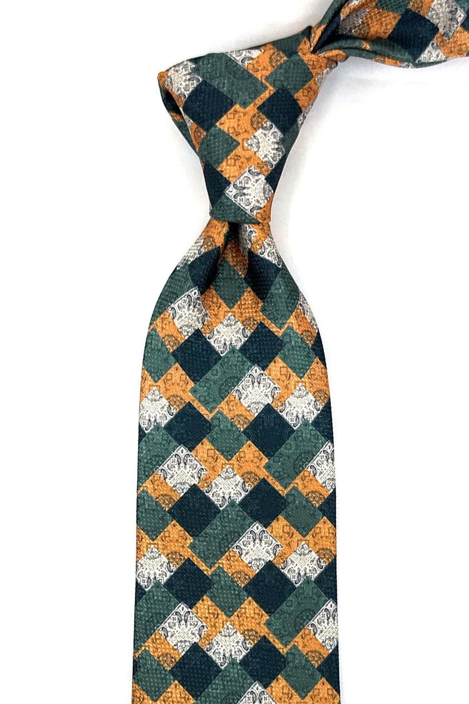 Yeşil - Sarı Kare Desen Mendilli Klasik Kravat KK11947
