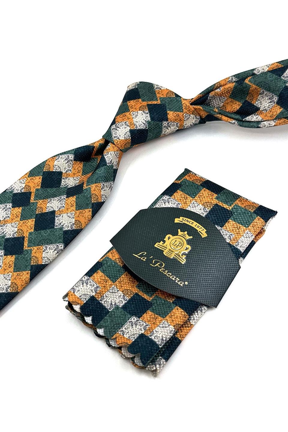 Yeşil - Sarı Kare Desen Mendilli Klasik Kravat KK11947