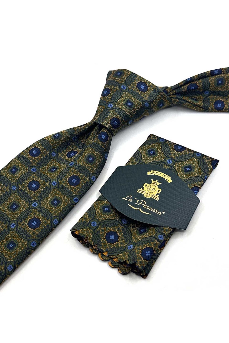 Yeşil Sarı Motif Desen Mendilli Klasik Kravat KK13759
