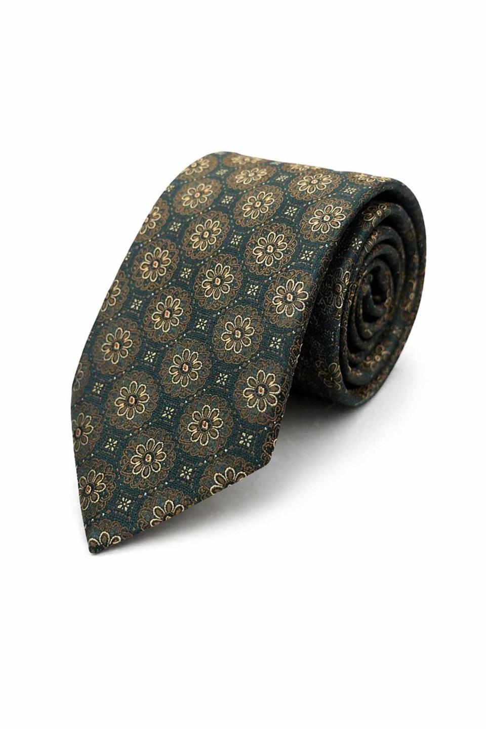 Yeşil - Sarı Motif Desen Mendilli Klasik Kravat KK13703