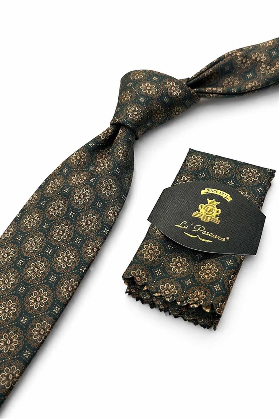 Yeşil - Sarı Motif Desen Mendilli Klasik Kravat KK13703